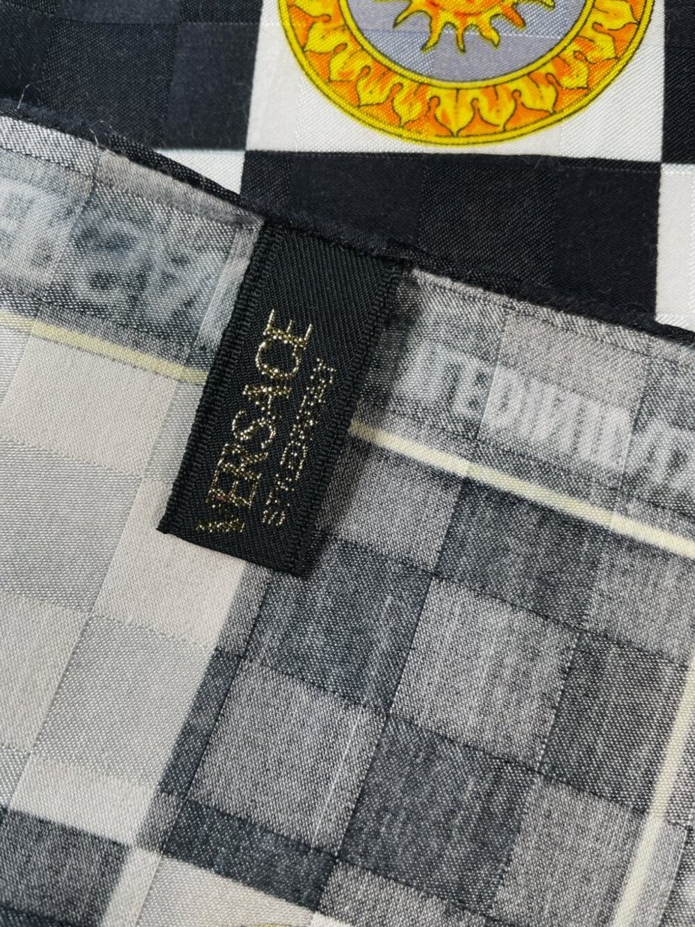 Versace Vintage Checkerboard Sun Print Scarf Black White Gold - Picture 13 of 13